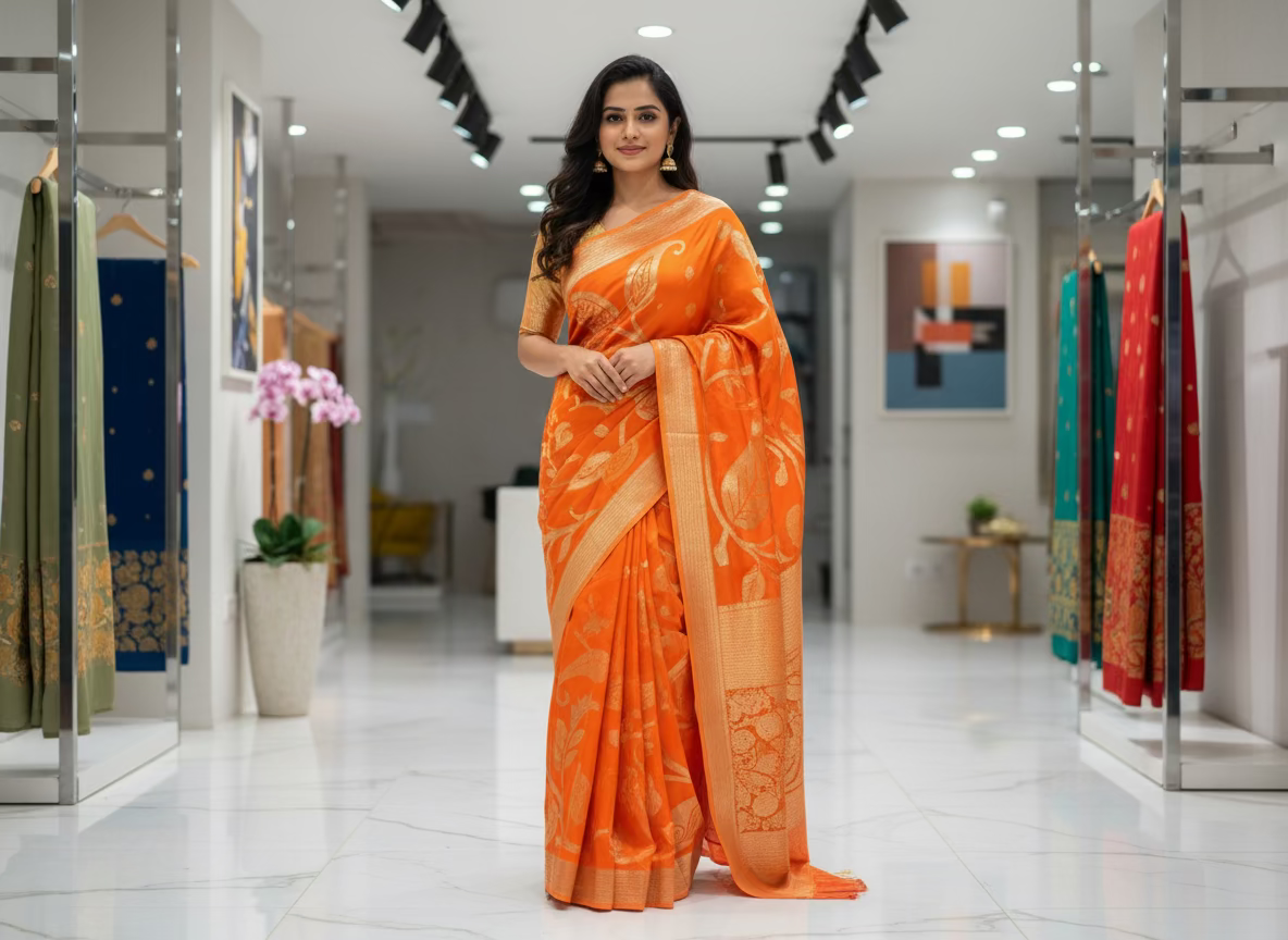 Bright Orange Pure Mashru Silk Saree with Floral pattern - Designer Party Wear