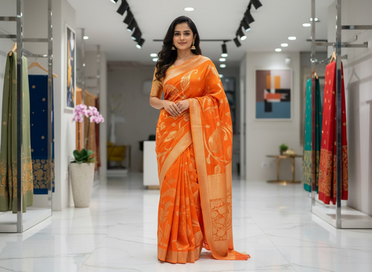 Bright Orange Pure Mashru Silk Saree with Floral pattern - Designer Party Wear