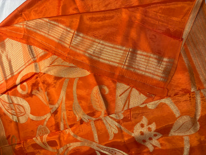 Bright Orange Pure Mashru Silk Saree with Floral pattern - Designer Party Wear