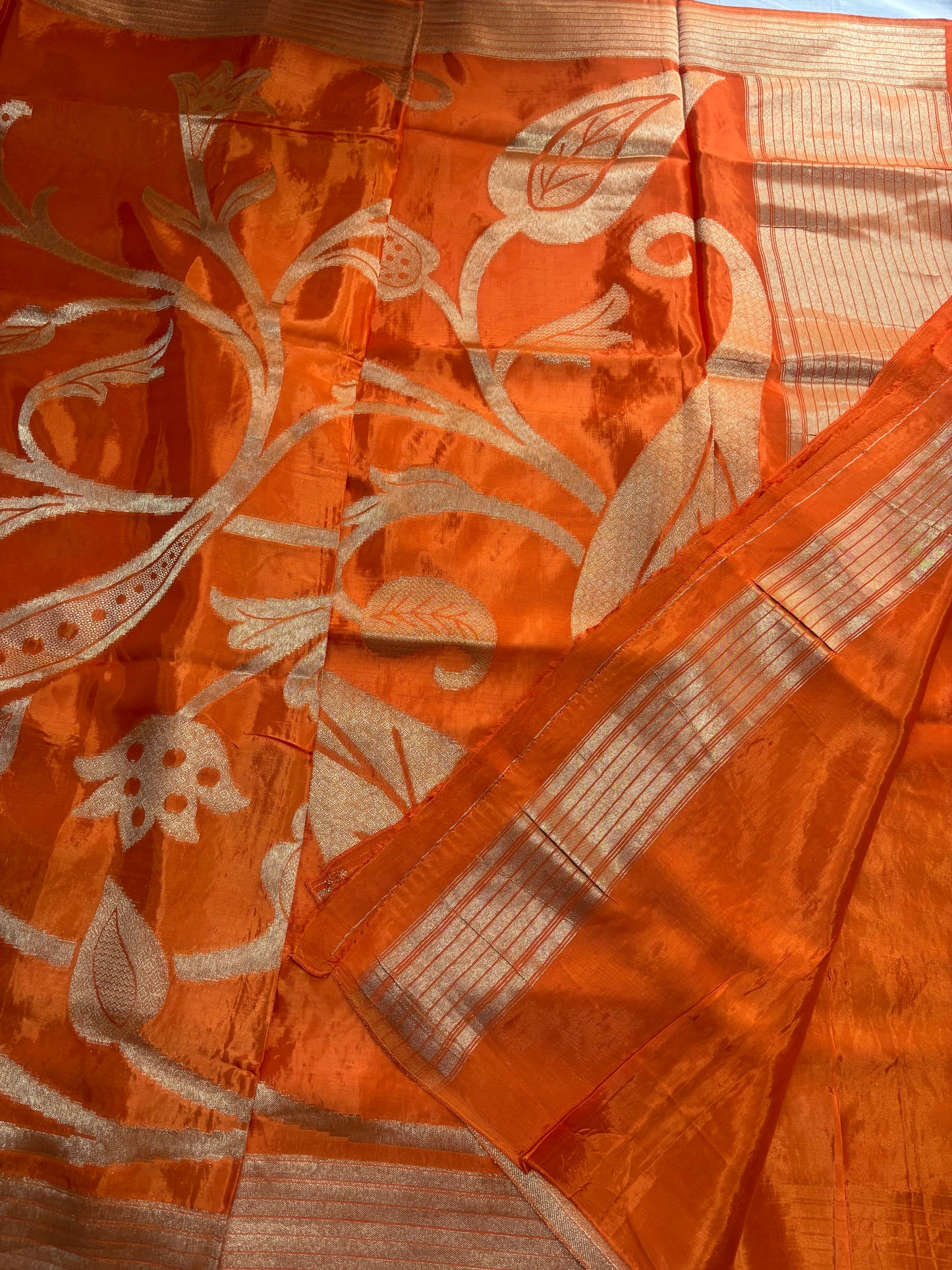 Bright Orange Pure Mashru Silk Saree with Floral pattern - Designer Party Wear
