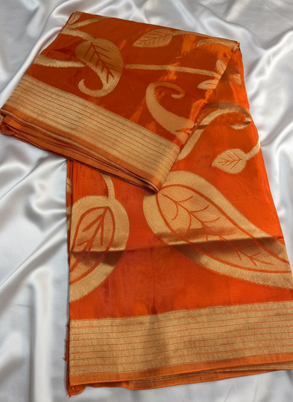 Bright Orange Pure Mashru Silk Saree with Floral pattern - Designer Party Wear