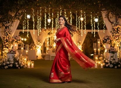 Red Luxurious Banarasi Pure Mashru Silk with geometrical Flower Motifs - Designer Party Wear