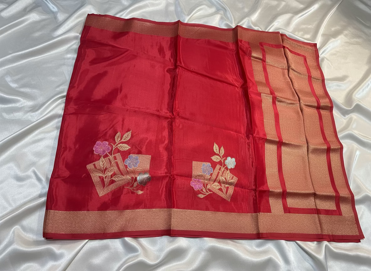Red Luxurious Banarasi Pure Mashru Silk with geometrical Flower Motifs - Designer Party Wear
