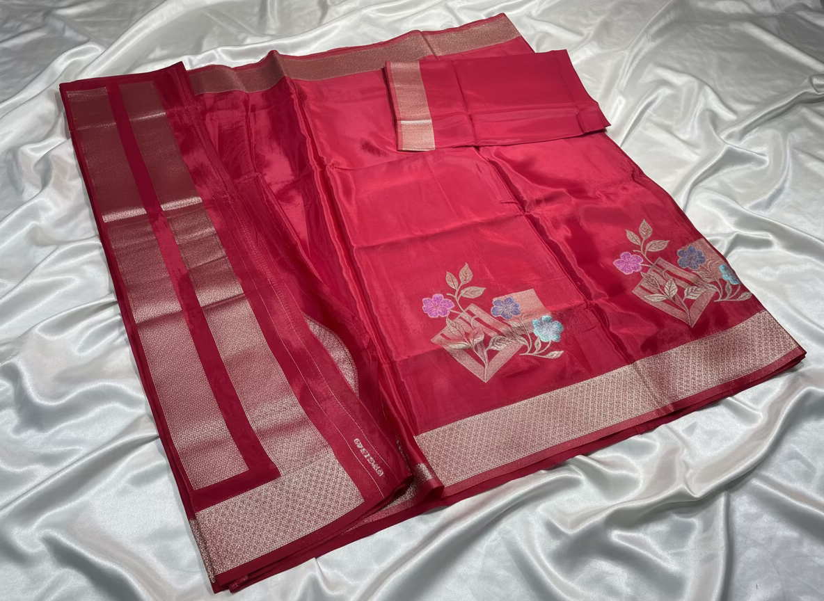 Red Luxurious Banarasi Pure Mashru Silk with geometrical Flower Motifs - Designer Party Wear