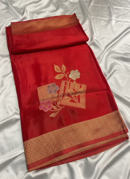 Red Luxurious Banarasi Pure Mashru Silk with geometrical Flower Motifs - Designer Party Wear
