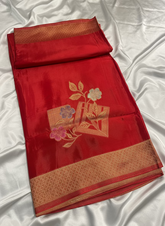 Red Luxurious Banarasi Pure Mashru Silk with geometrical Flower Motifs - Designer Party Wear