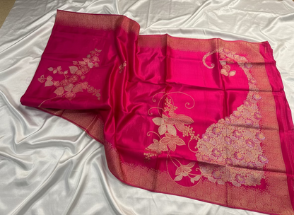 Rani Pink Banarasi Pure Mashru Silk Saree with Gold Floral Pattern- Designer Party Wear