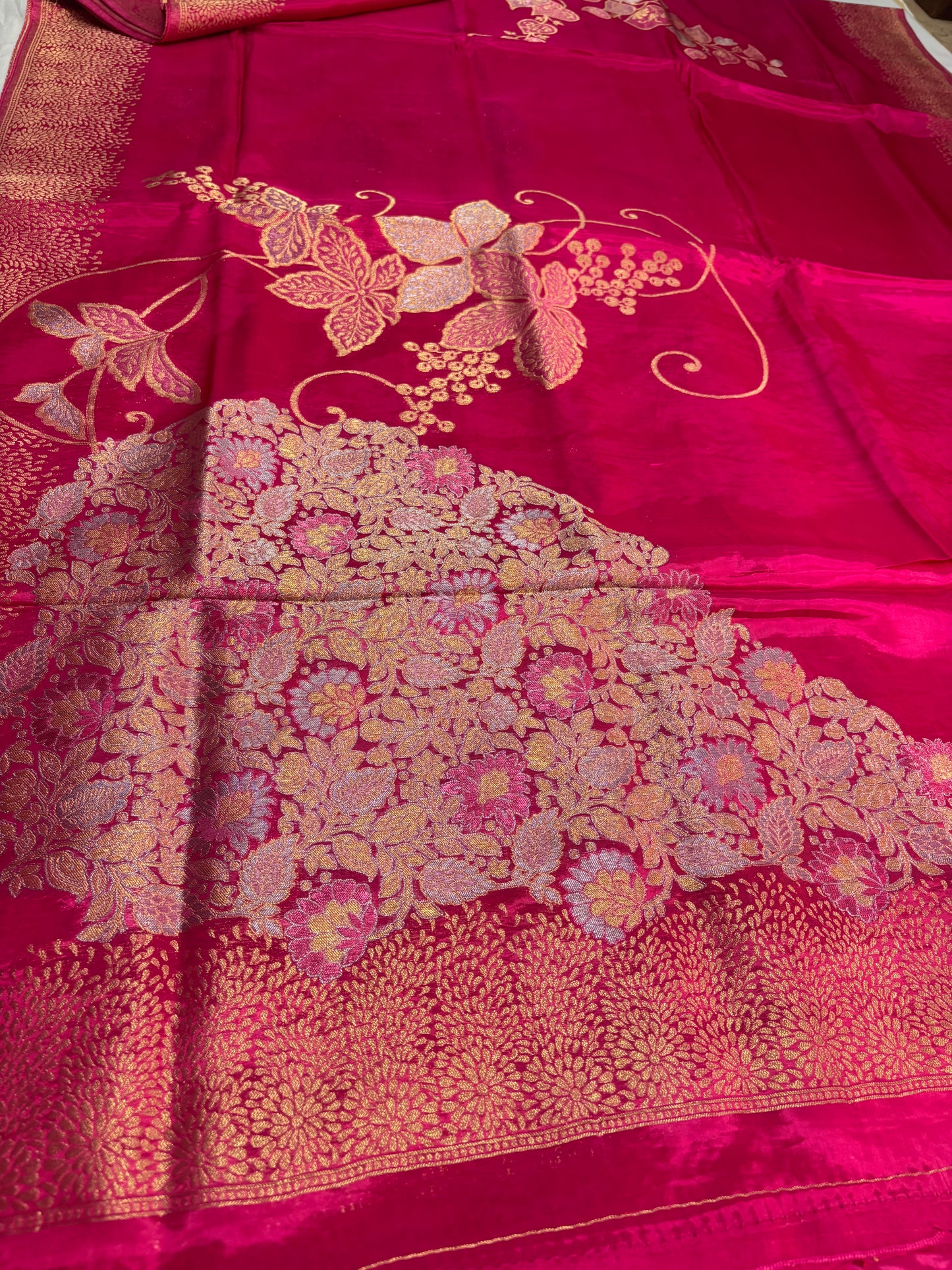 Rani Pink Banarasi Pure Mashru Silk Saree with Gold Floral Pattern- Designer Party Wear