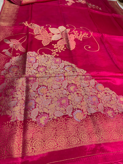 Rani Pink Banarasi Pure Mashru Silk Saree with Gold Floral Pattern- Designer Party Wear
