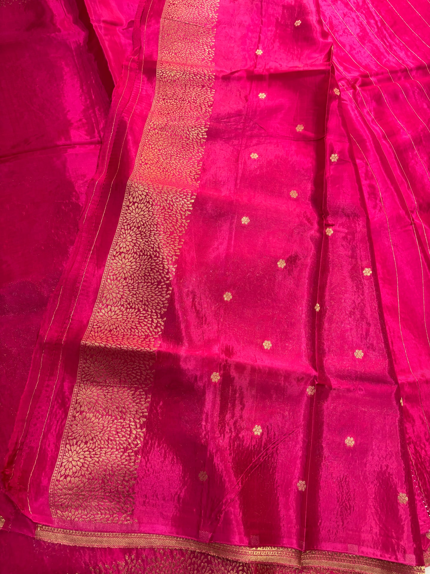 Rani Pink Banarasi Pure Mashru Silk Saree with Gold Floral Pattern- Designer Party Wear