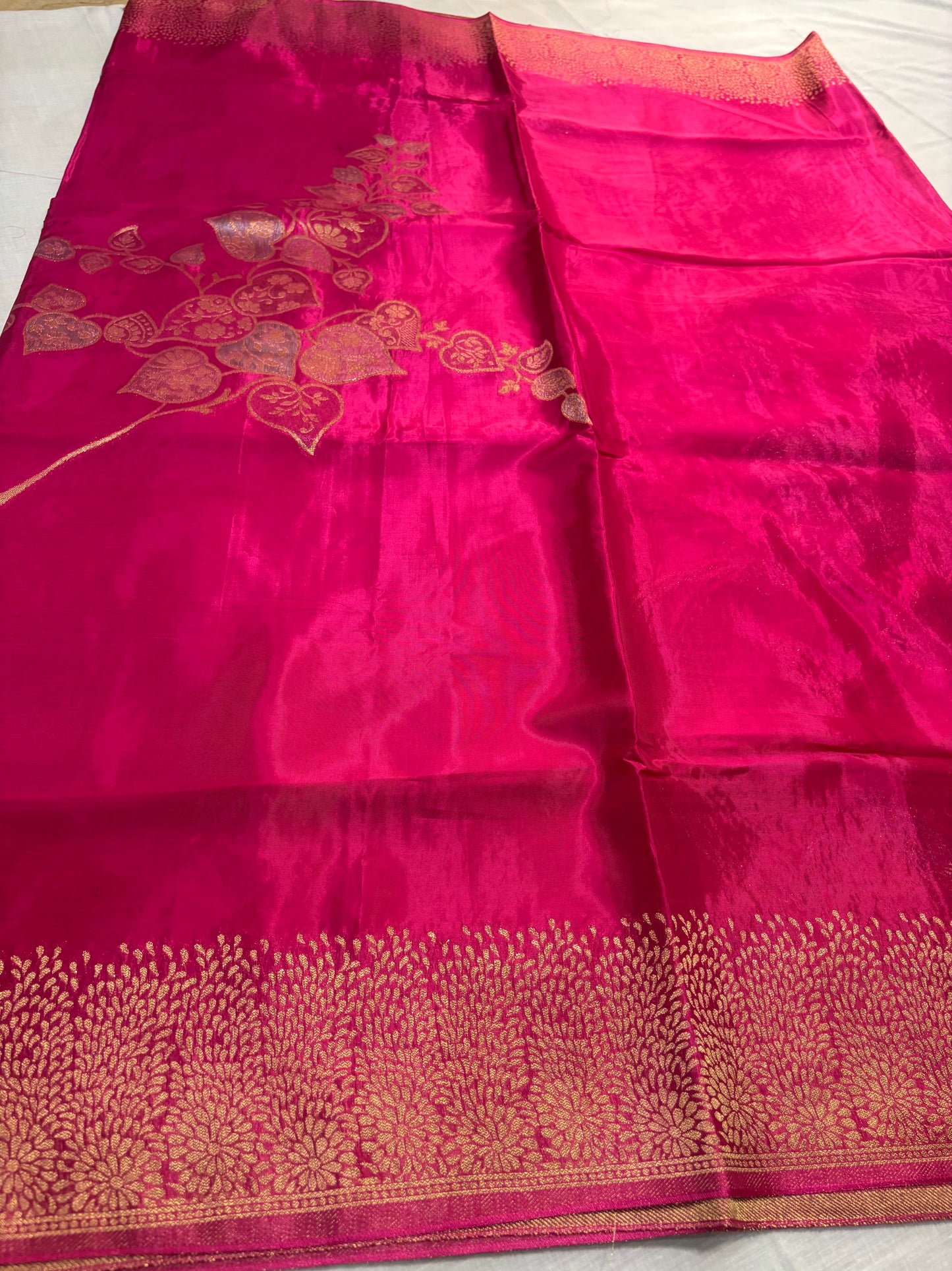 Rani Pink Banarasi Pure Mashru Silk Saree with Gold Floral Pattern- Designer Party Wear
