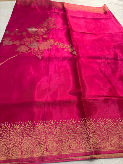 Rani Pink Banarasi Pure Mashru Silk Saree with Gold Floral Pattern- Designer Party Wear