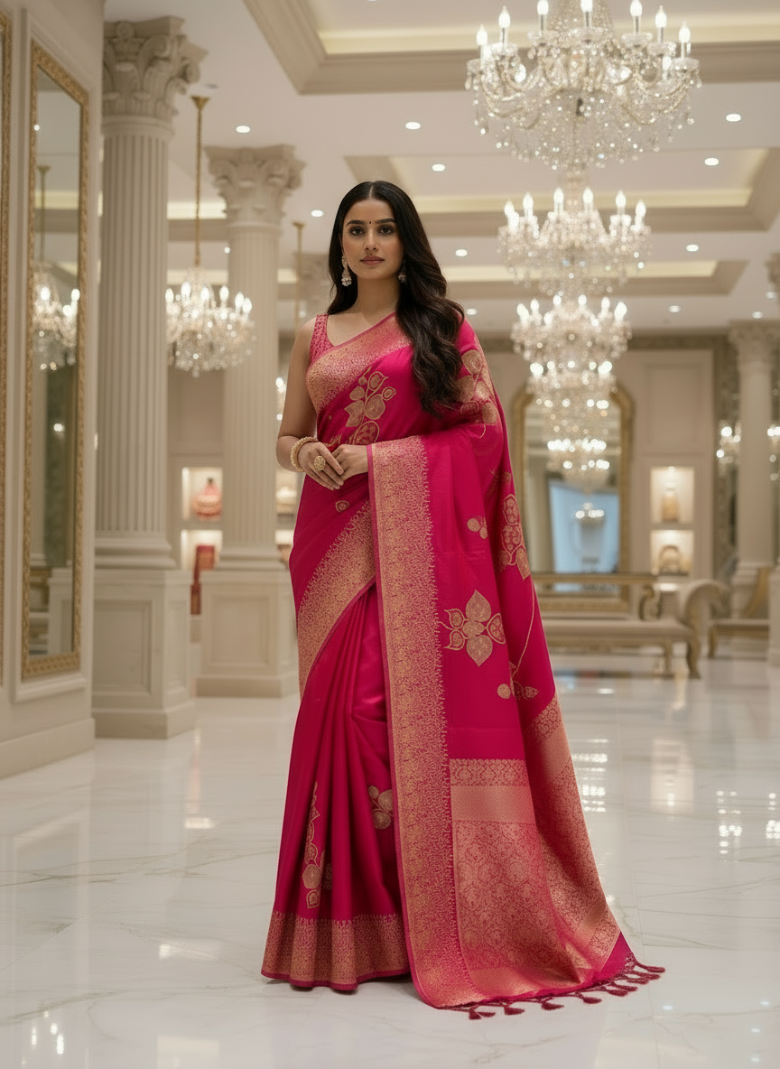 Rani Pink Banarasi Pure Mashru Silk Saree with Gold Floral Pattern- Designer Party Wear