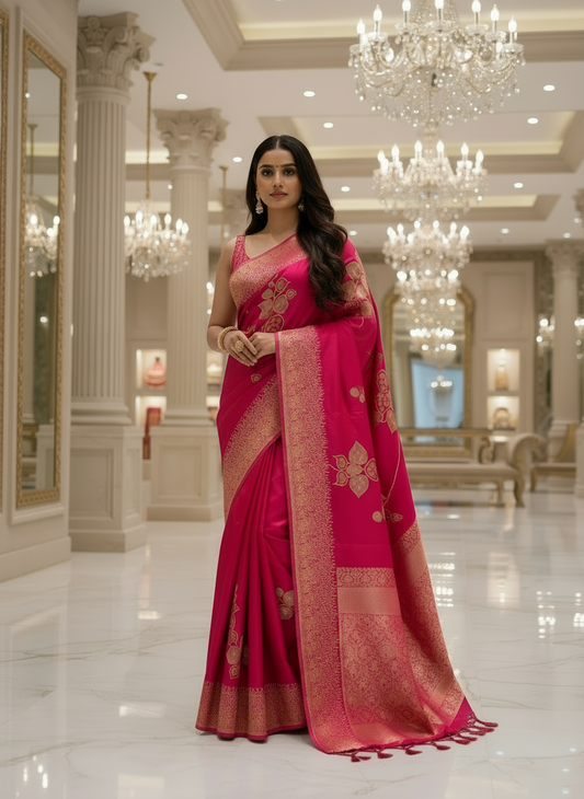Rani Pink Banarasi Pure Mashru Silk Saree with Gold Floral Pattern- Designer Party Wear