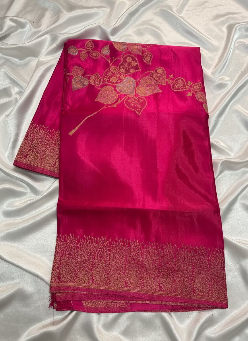 Rani Pink Banarasi Pure Mashru Silk Saree with Gold Floral Pattern- Designer Party Wear