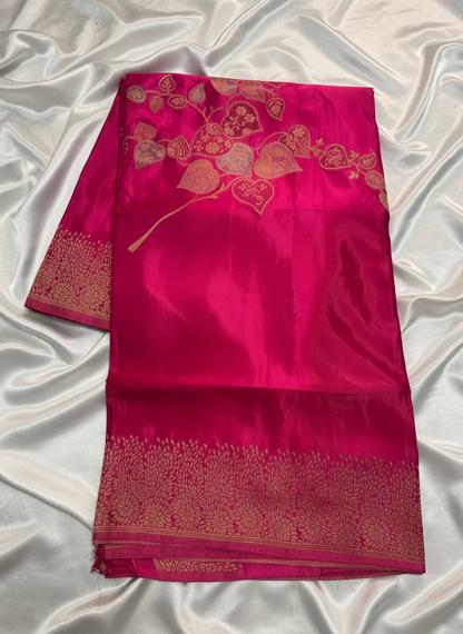 Rani Pink Banarasi Pure Mashru Silk Saree with Gold Floral Pattern- Designer Party Wear