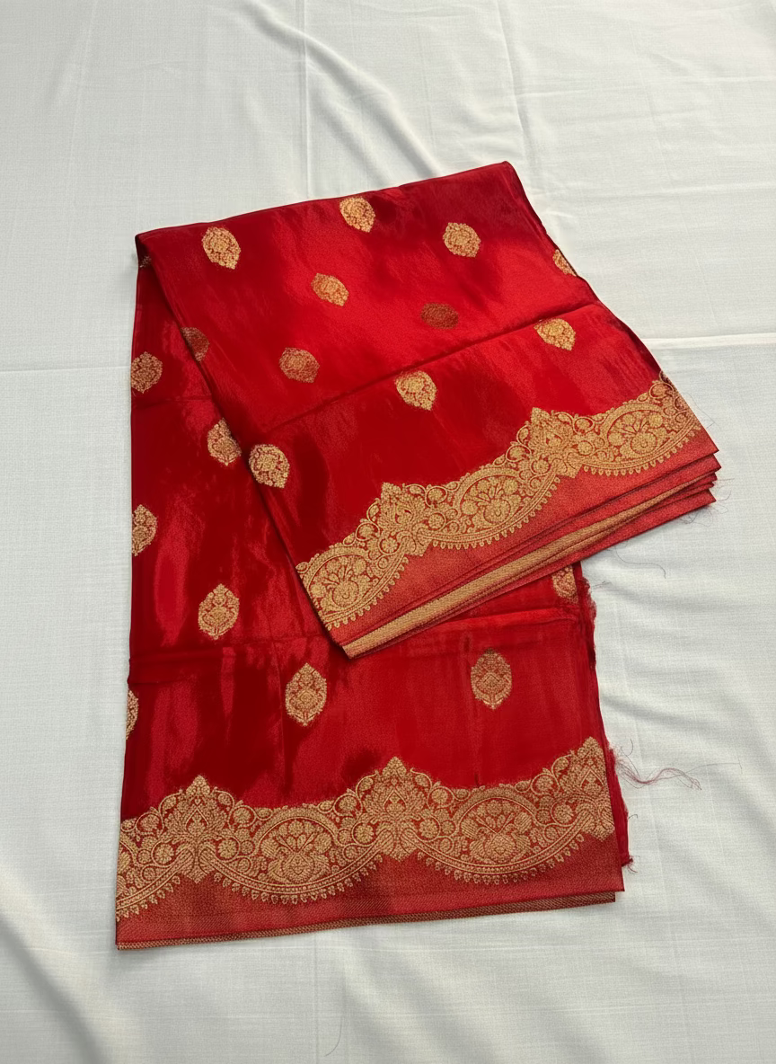 Red Banarasi Pure Mashru Silk with Scallop Border Weaving - Designer Party Wear