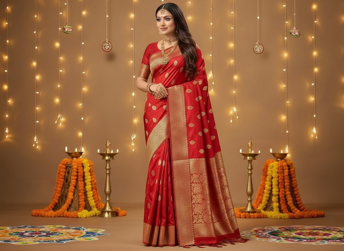 Red Banarasi Pure Mashru Silk with Scallop Border Weaving - Designer Party Wear