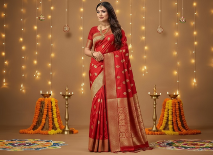 Red Banarasi Pure Mashru Silk with Scallop Border Weaving - Designer Party Wear