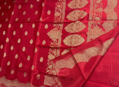 Red Banarasi Pure Mashru Silk with Scallop Border Weaving - Designer Party Wear
