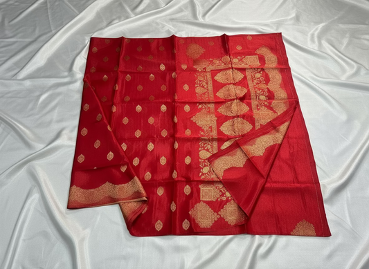 Red Banarasi Pure Mashru Silk with Scallop Border Weaving - Designer Party Wear
