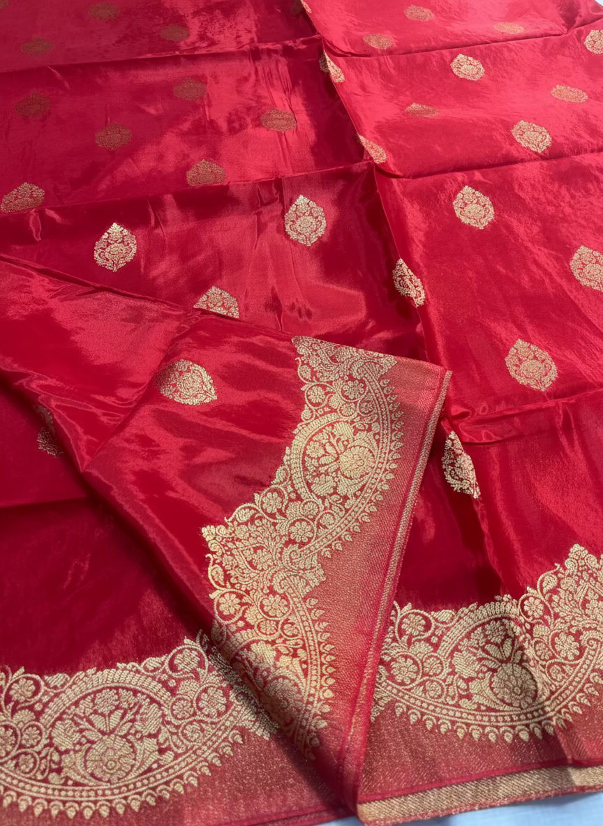 Red Banarasi Pure Mashru Silk with Scallop Border Weaving - Designer Party Wear