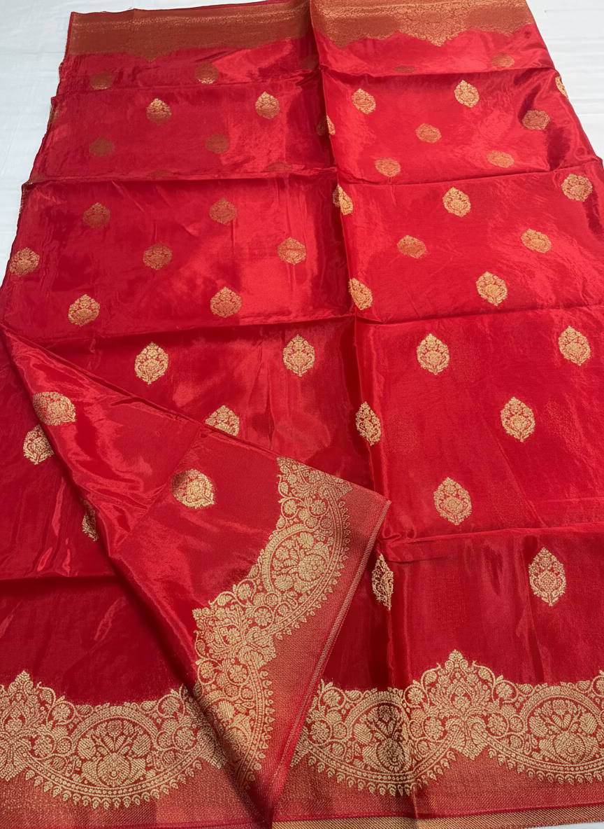 Red Banarasi Pure Mashru Silk with Scallop Border Weaving - Designer Party Wear