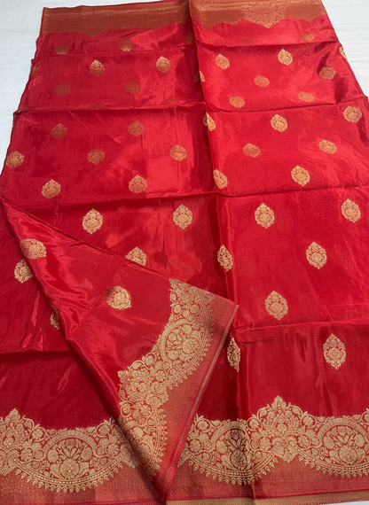 Red Banarasi Pure Mashru Silk with Scallop Border Weaving - Designer Party Wear