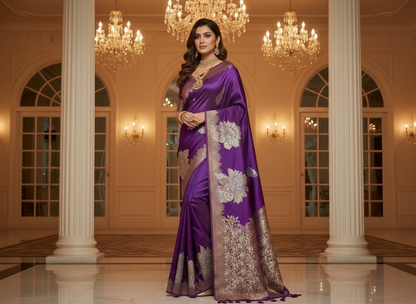 Purple Banarasi Pure Mashru Silk with Gold & Silver Big Floral Pattern- Designer Party Wear