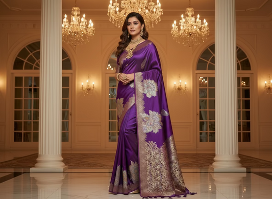 Purple Banarasi Pure Mashru Silk with Gold & Silver Big Floral Pattern- Designer Party Wear