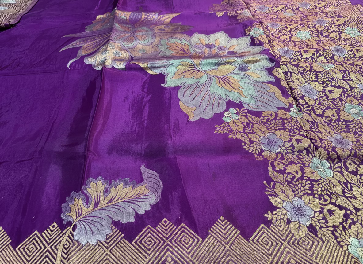 Purple Banarasi Pure Mashru Silk with Gold & Silver Big Floral Pattern- Designer Party Wear