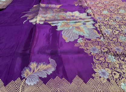 Purple Banarasi Pure Mashru Silk with Gold & Silver Big Floral Pattern- Designer Party Wear