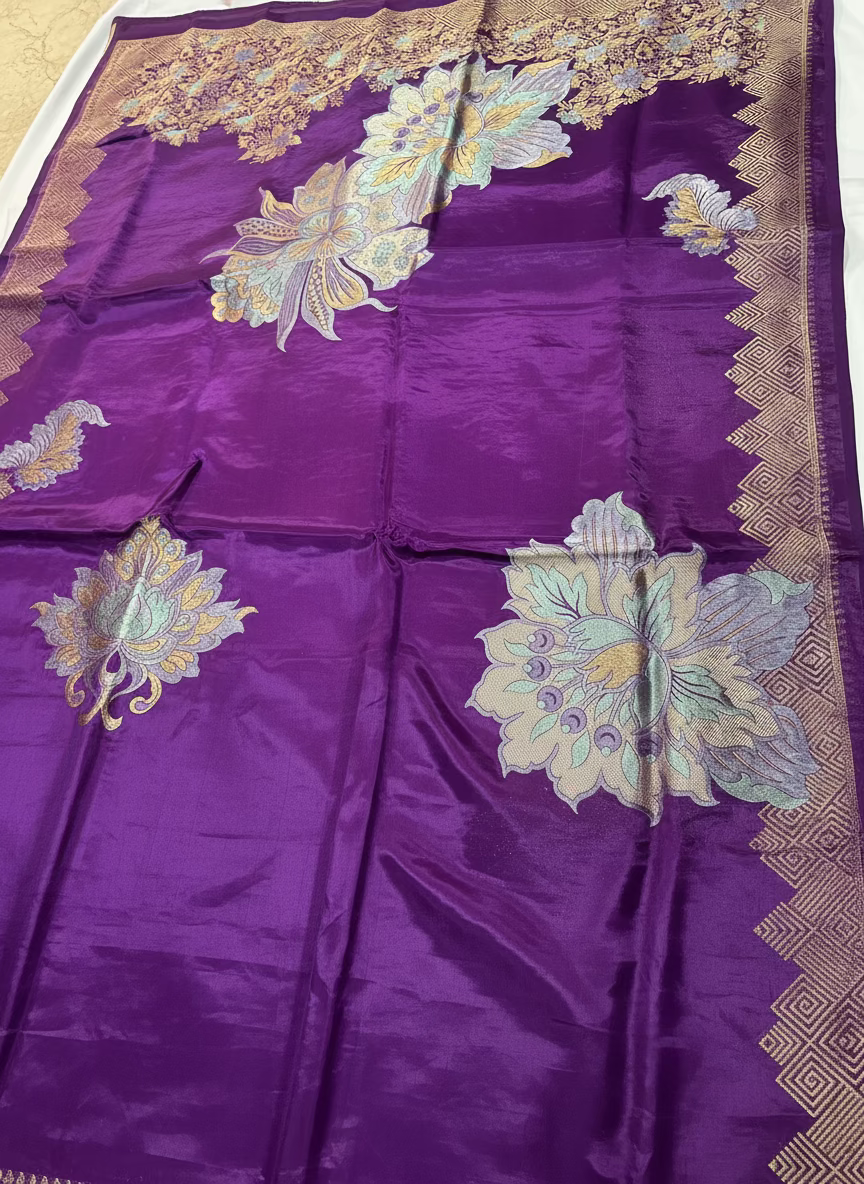 Purple Banarasi Pure Mashru Silk with Gold & Silver Big Floral Pattern- Designer Party Wear