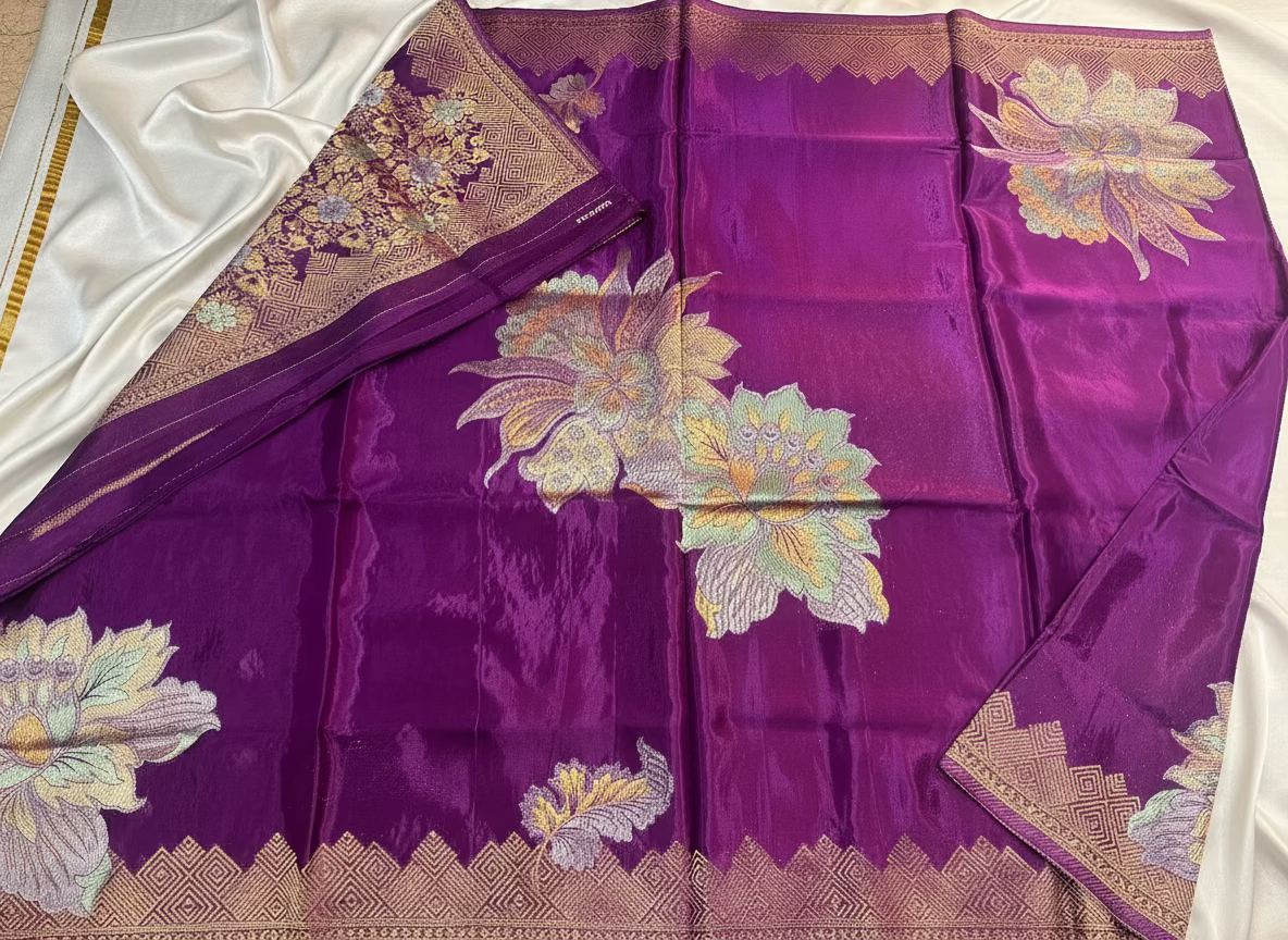 Purple Banarasi Pure Mashru Silk with Gold & Silver Big Floral Pattern- Designer Party Wear
