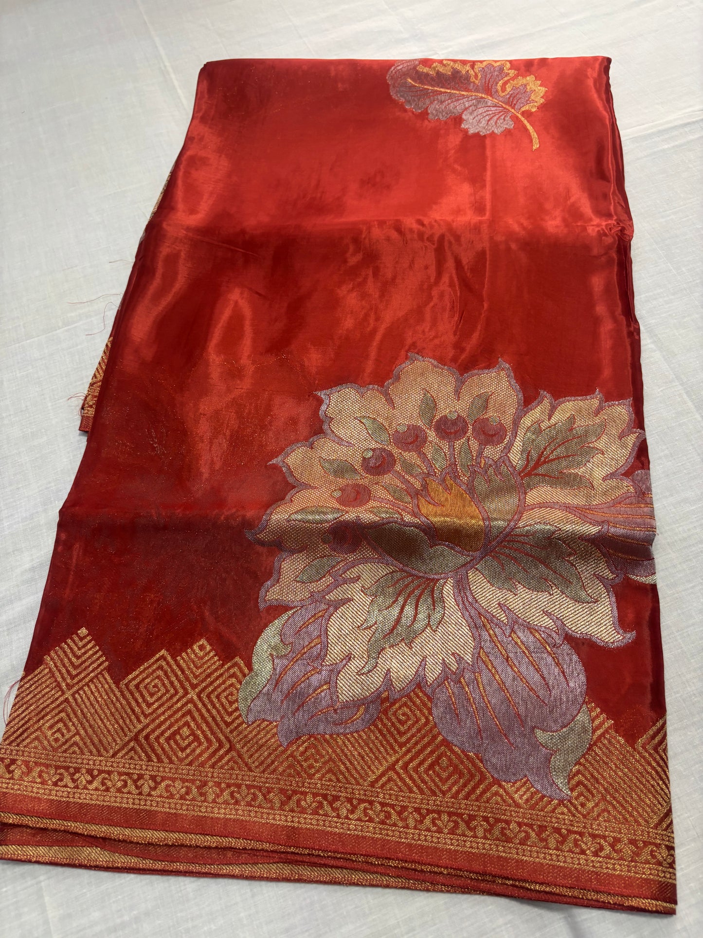 Brown Banarasi Pure Mashru Silk with Gold & Silver Big Floral Pattern- Designer Party Wear