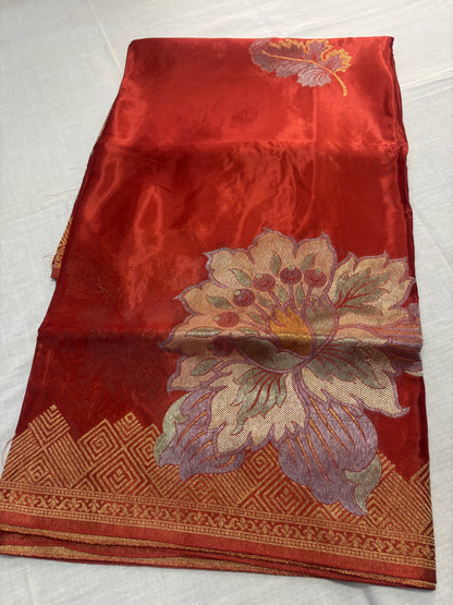 Brown Banarasi Pure Mashru Silk with Gold & Silver Big Floral Pattern- Designer Party Wear