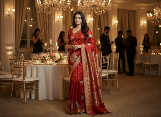 Brown Banarasi Pure Mashru Silk with Gold & Silver Big Floral Pattern- Designer Party Wear