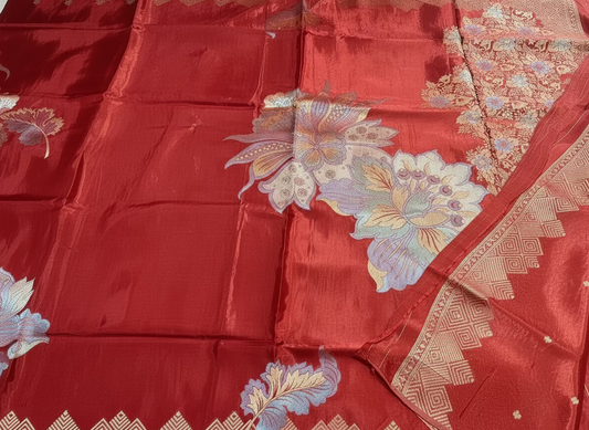 Brown Banarasi Pure Mashru Silk with Gold & Silver Big Floral Pattern- Designer Party Wear