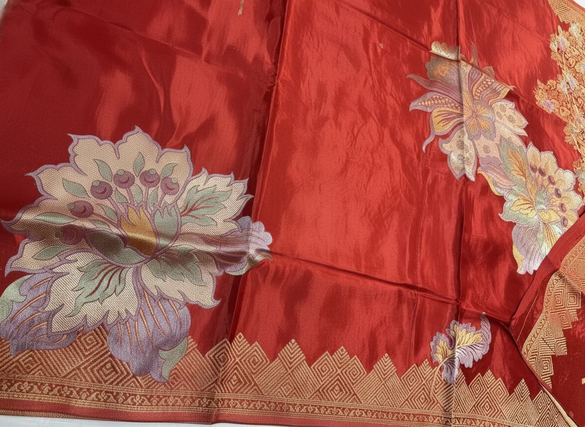 Brown Banarasi Pure Mashru Silk with Gold & Silver Big Floral Pattern- Designer Party Wear