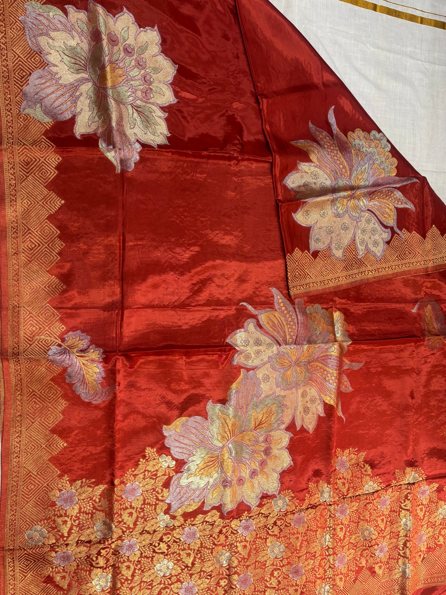 Brown Banarasi Pure Mashru Silk with Gold & Silver Big Floral Pattern- Designer Party Wear
