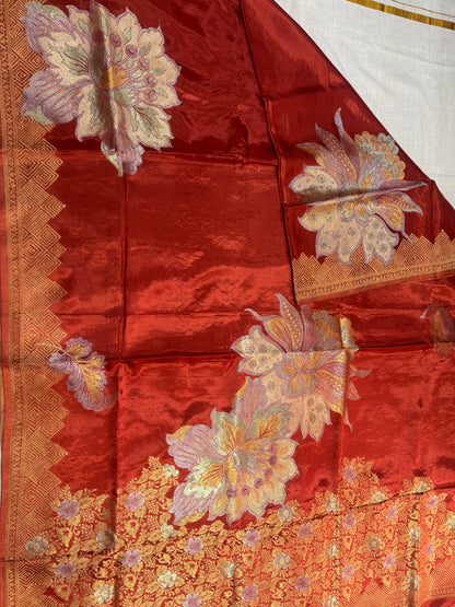 Brown Banarasi Pure Mashru Silk with Gold & Silver Big Floral Pattern- Designer Party Wear