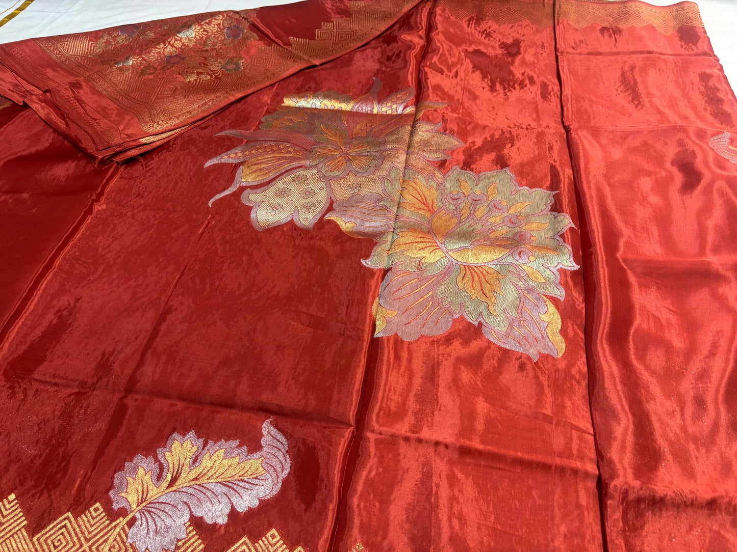 Brown Banarasi Pure Mashru Silk with Gold & Silver Big Floral Pattern- Designer Party Wear