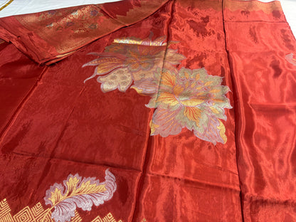 Brown Banarasi Pure Mashru Silk with Gold & Silver Big Floral Pattern- Designer Party Wear