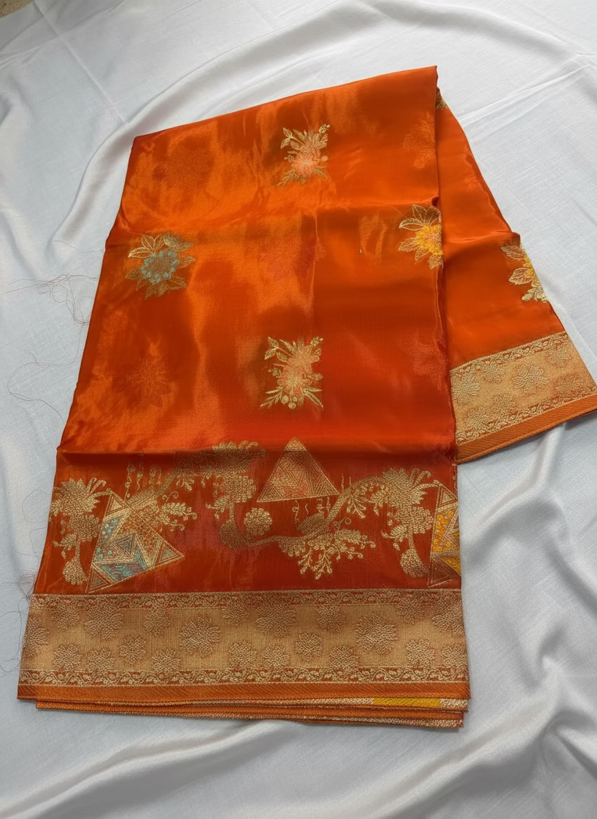 Orange Banarasi Pure Mashru Silk Saree with Silver Leaf Pattern - Designer Party Wear