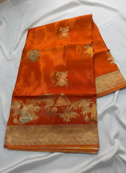 Orange Banarasi Pure Mashru Silk Saree with Silver Leaf Pattern - Designer Party Wear