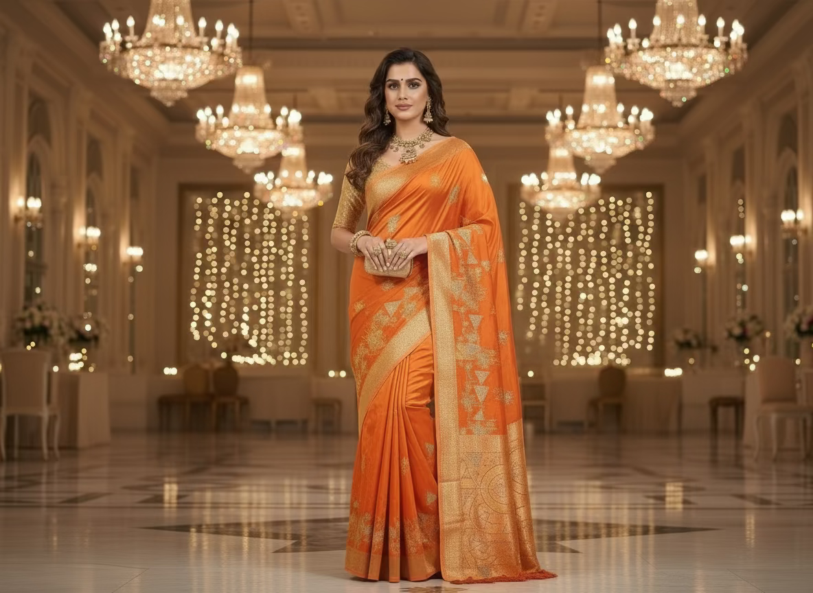 Orange Banarasi Pure Mashru Silk Saree with Silver Leaf Pattern - Designer Party Wear