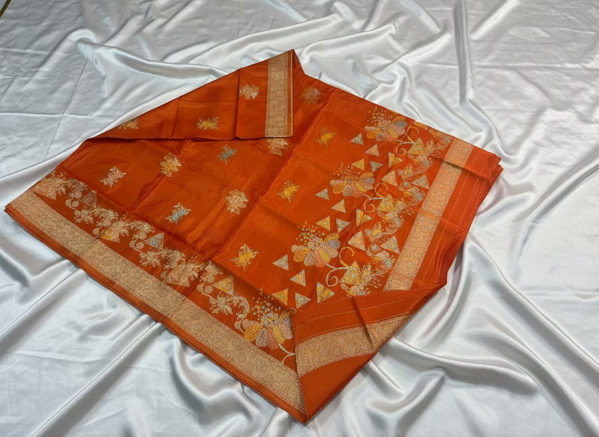Orange Banarasi Pure Mashru Silk Saree with Silver Leaf Pattern - Designer Party Wear