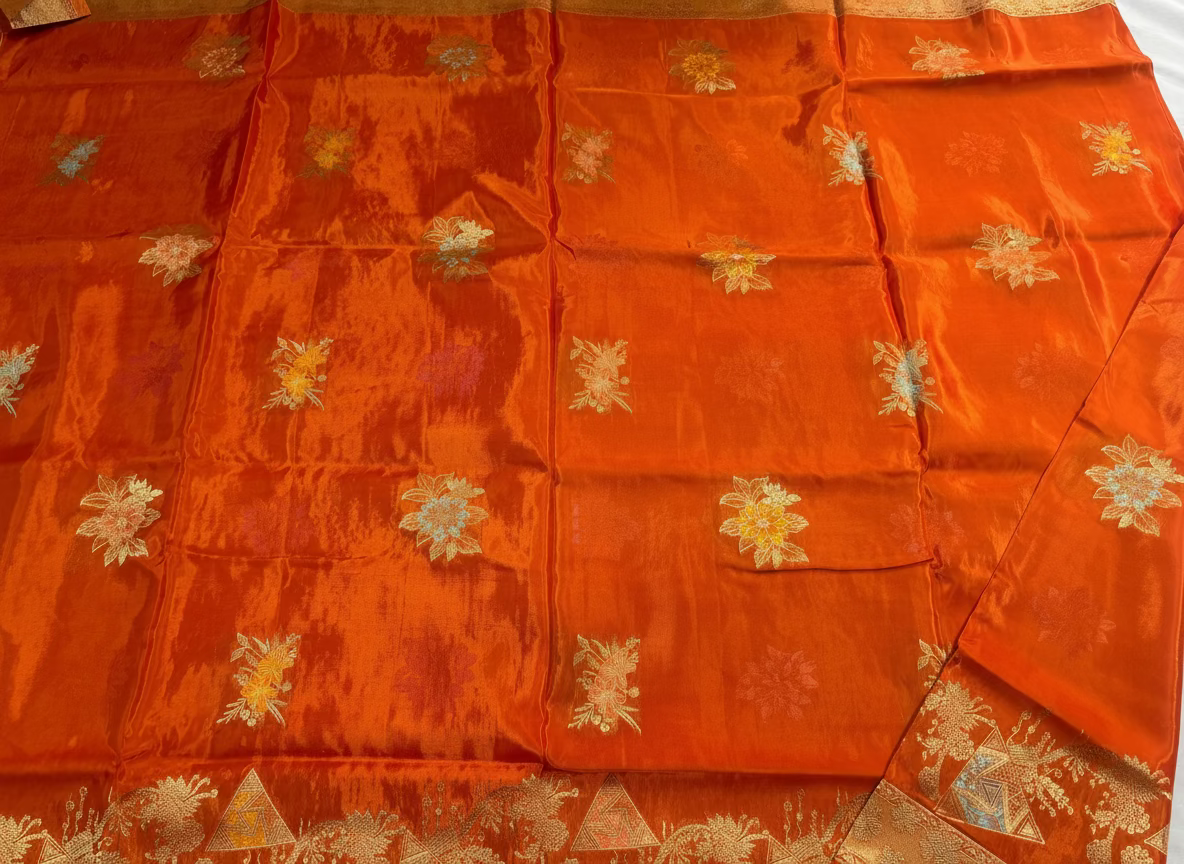 Orange Banarasi Pure Mashru Silk Saree with Silver Leaf Pattern - Designer Party Wear