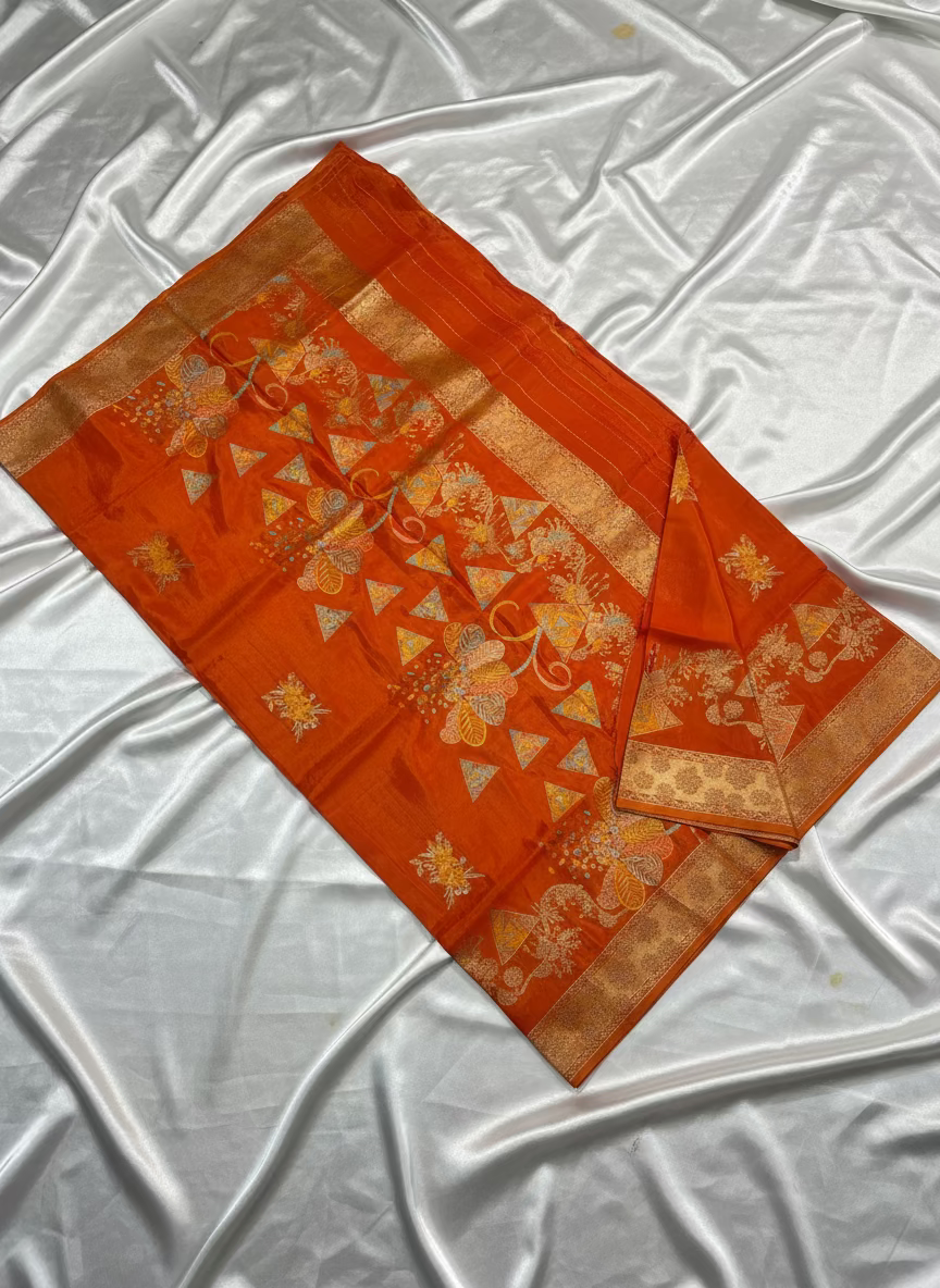 Orange Banarasi Pure Mashru Silk Saree with Silver Leaf Pattern - Designer Party Wear