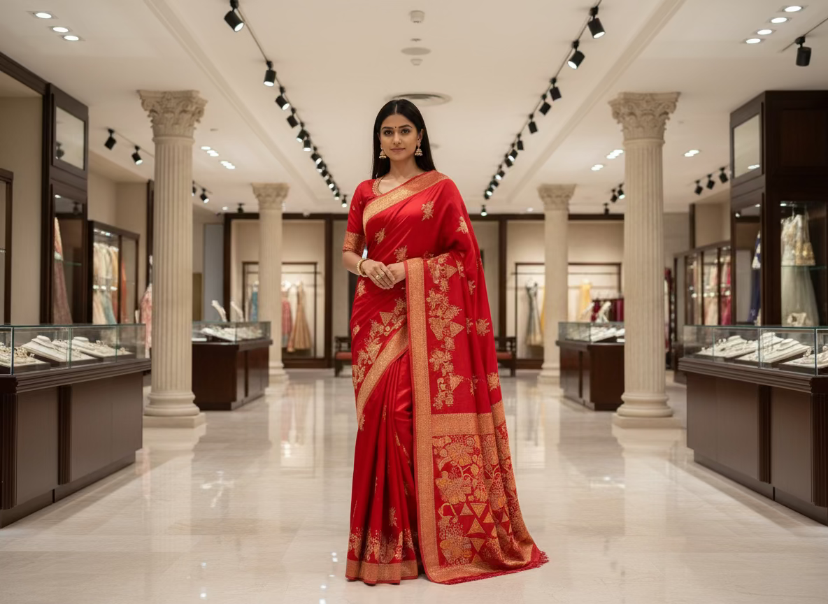 Red Luxurious Banarasi Pure Mashru Silk with Small Flower Motifs - Designer Party Wear